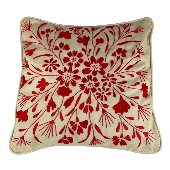 Vintage Floral Embroidered Square Accent Pillow Cream Red Small Couch Chair 14” - Picture 2 of 16